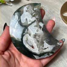 Load image into Gallery viewer, Moss Agate Moon on Stand
