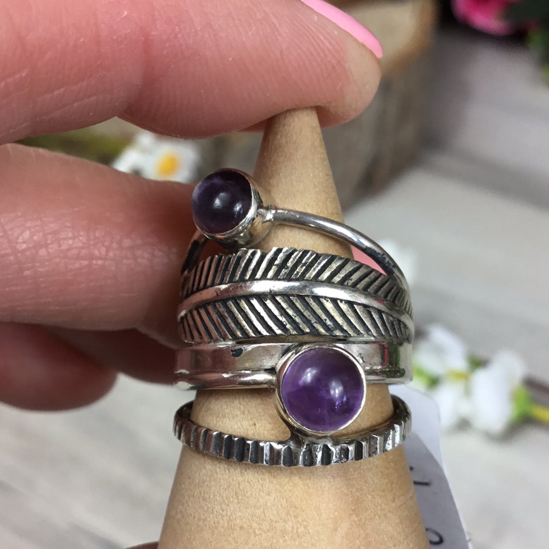 Amethyst Feather Band 925 Sterling Silver Ring -  Size O 1/2 - P