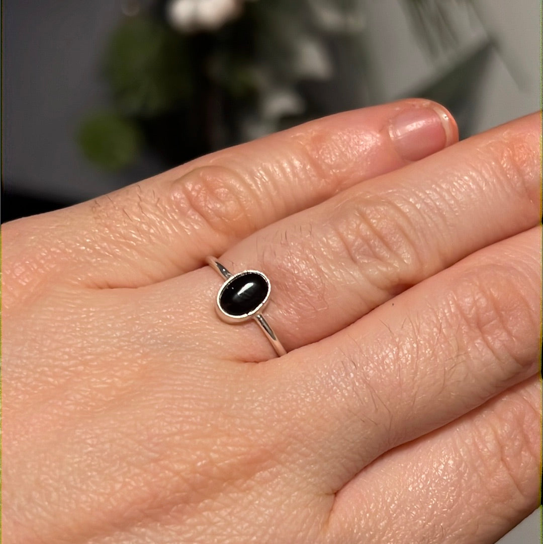 Dainty Black Onyx 925 Silver Ring -  Size J 1/2 - K