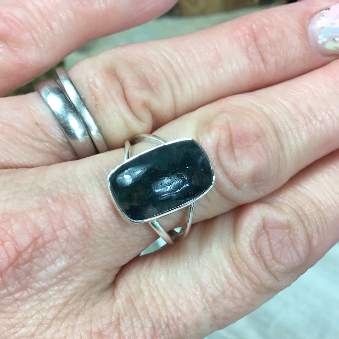 Moss Agate 925 Sterling Silver Ring - Size R 1/2